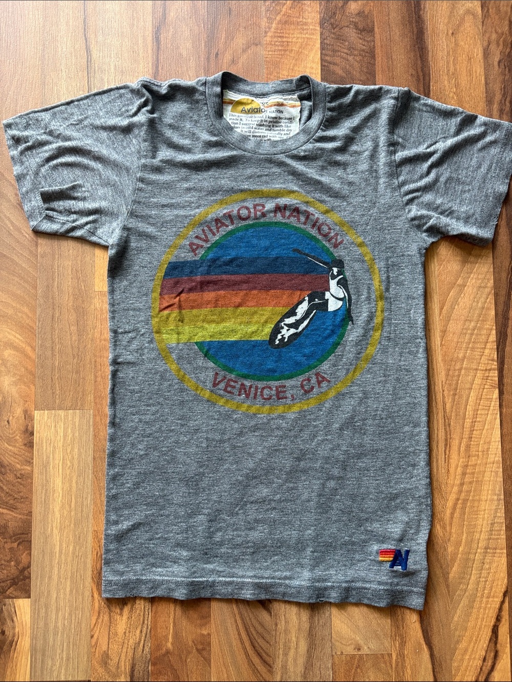 Aviator Nation Gray Tee with Multicolor Retro Logo